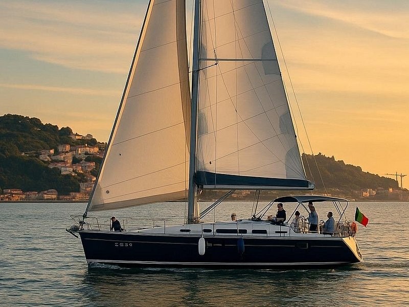 A sailboat under full sail in evening light below the Lisbon hills